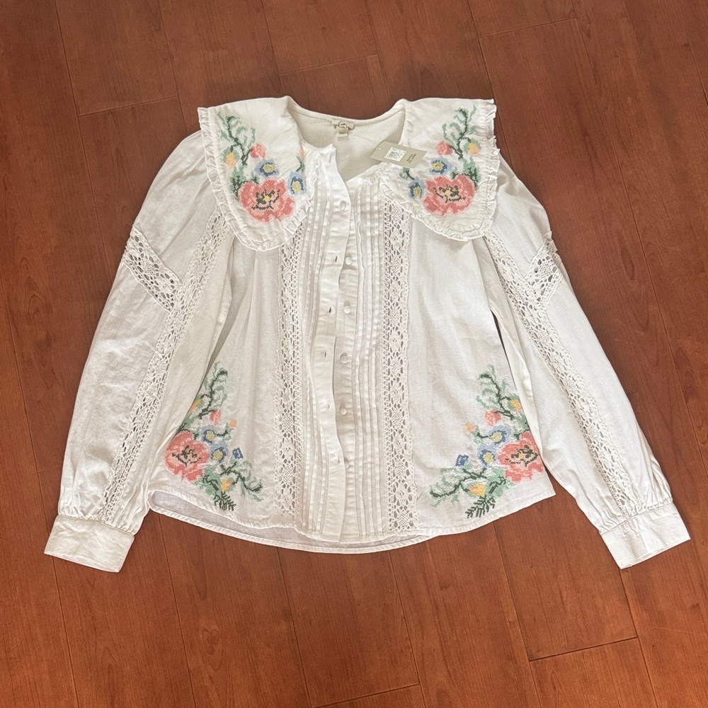 River Island White Blouse with Pink Floral Embroidery